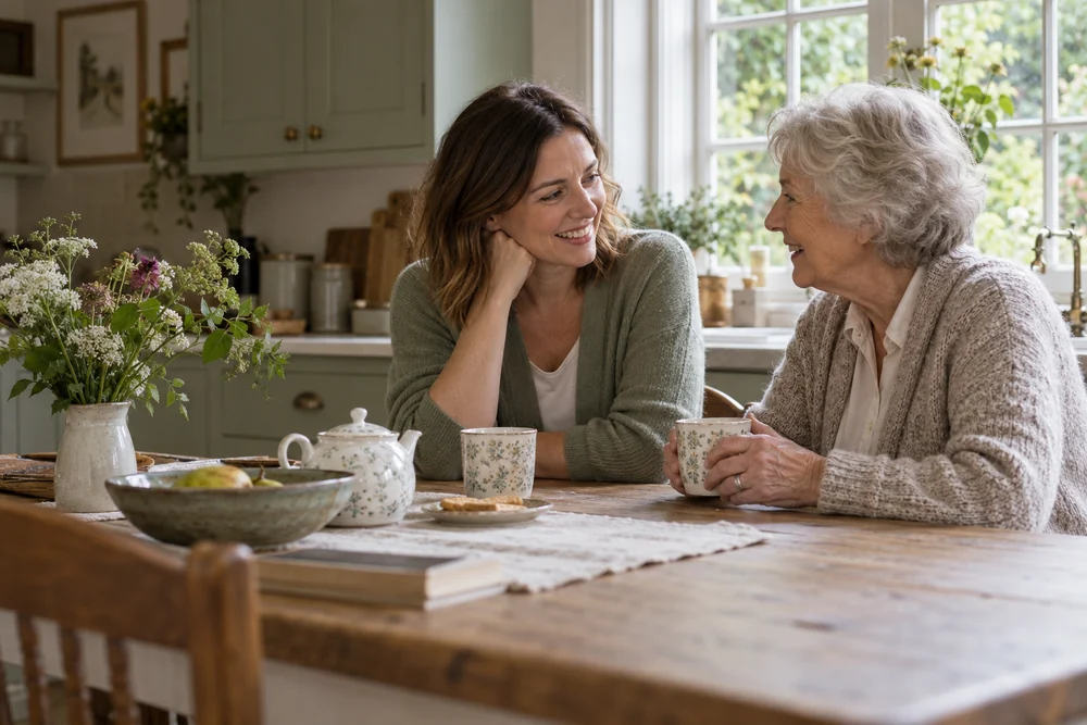 Illustrative scene of two women sharing tea and conversation at home