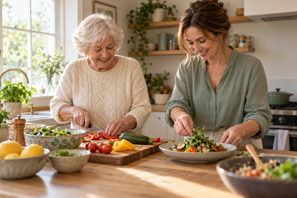 Illustrative scene of shared meal preparation in a welcoming kitchen