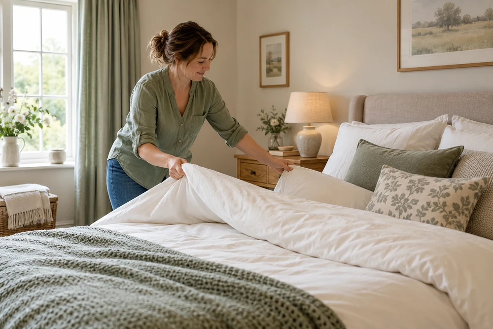 Illustrative scene of household support with changing bed linen