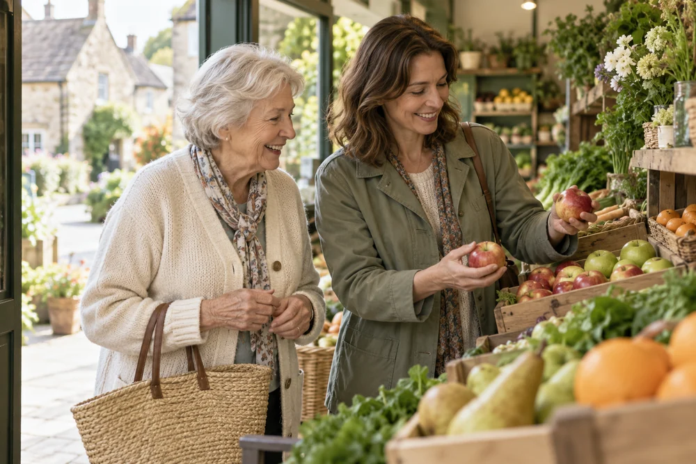 Illustrative scene of two women choosing fresh produce at a neighbourhood shop